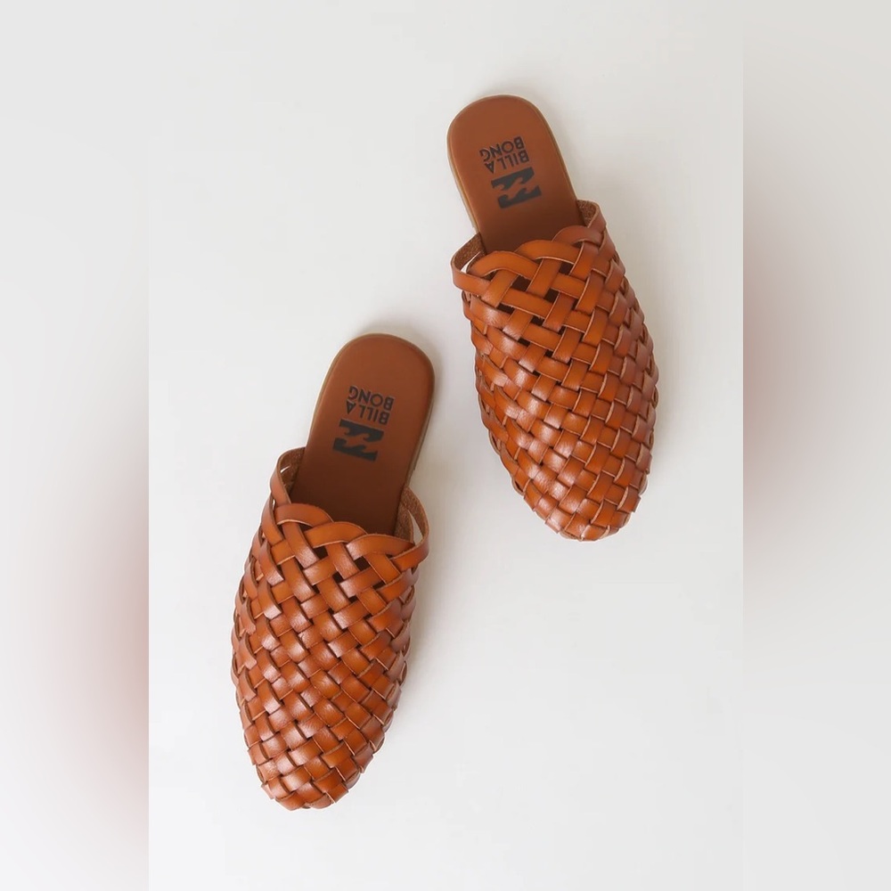 Billabong Woven Leather Slide Sandals in Cognac Brown